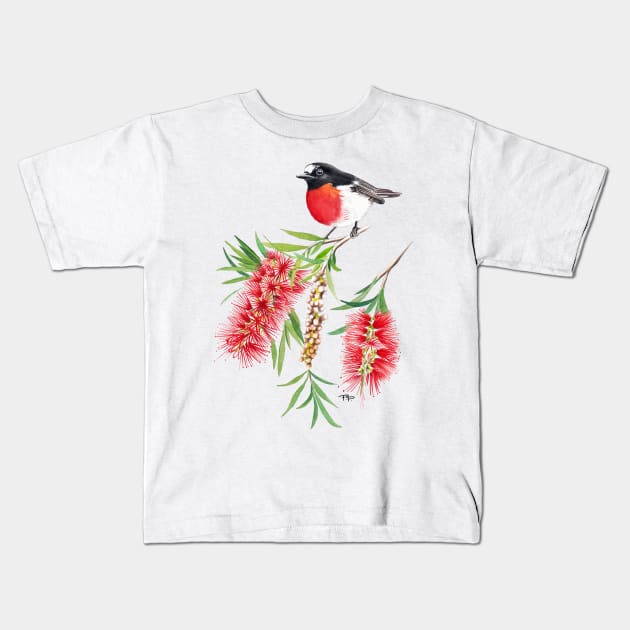 Scarlet Robin on Bottlebrush Flower Kids T-Shirt by PollaPosavec